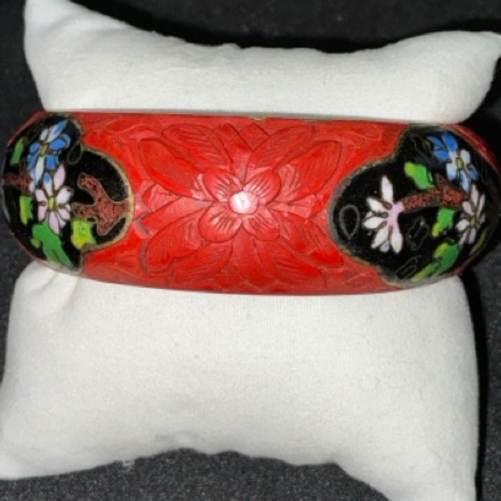 Vintage Cinnabar Cloisonne Floral Bangle Bracelet Size 8 Never Owned - Picture 5 of 6